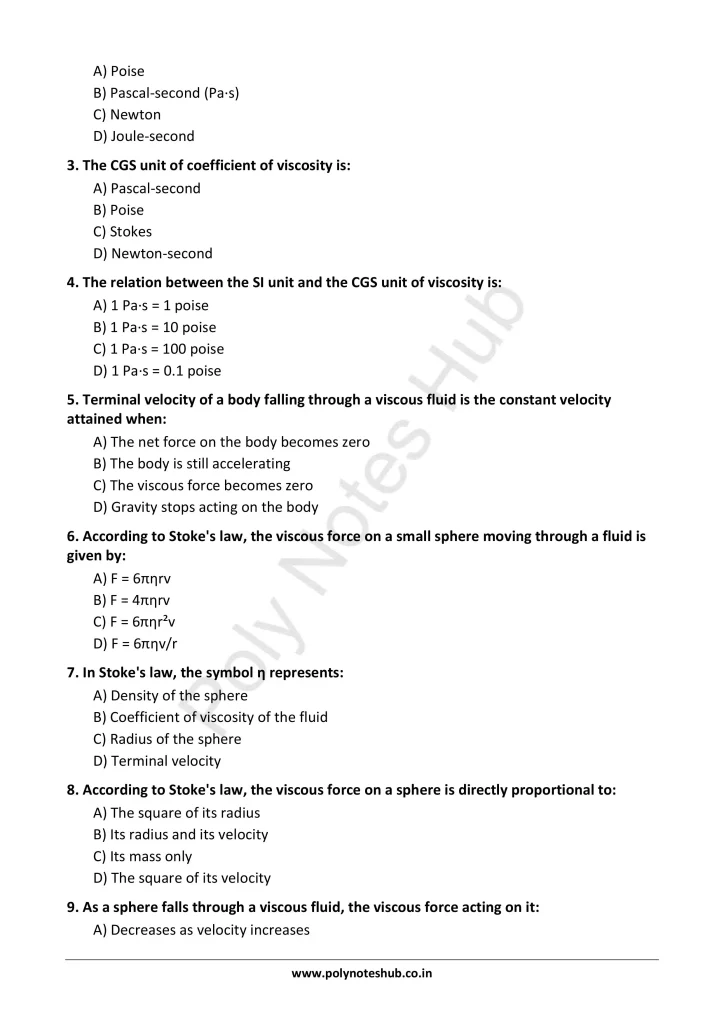 Viscosity and Coefficient of Viscosity Notes PDF | Applied Physics 1 Free Study Materials - Poly Notes Hub