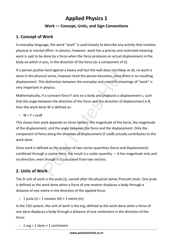 Work Notes PDF - Formula, Unit, Types | Applied Physics 1 Free Study Materials Poly Notes Hub Work Notes PDF - Formula, Unit, Types | Applied Physics 1 Free Study Materials - Poly Notes Hub