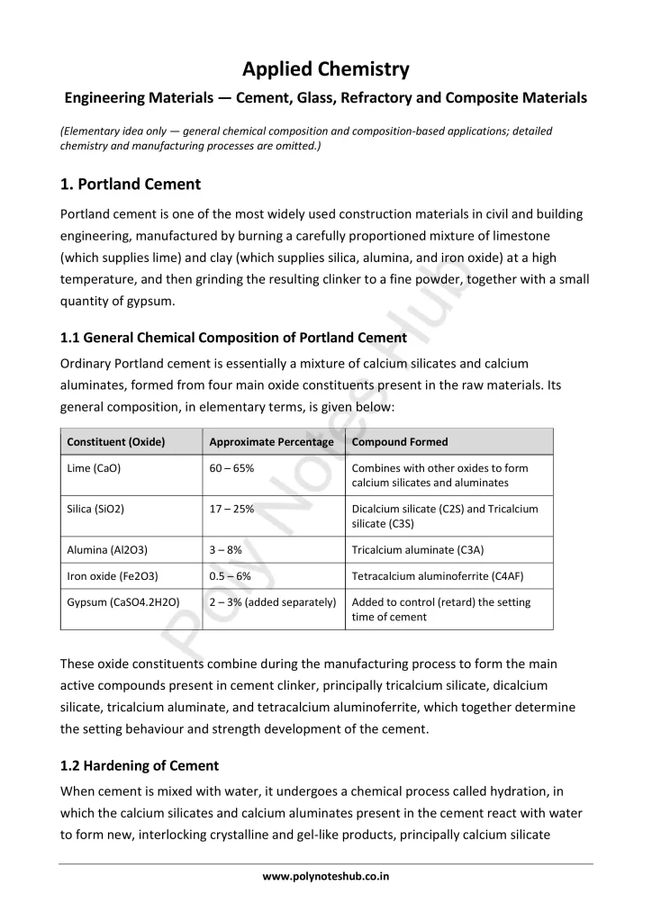 Download Portland Cement Glass Refractory Notes PDF for Polytechnic and Engineering 1st Year 1st Semester from Applied Chemistry - Poly Notes Hub