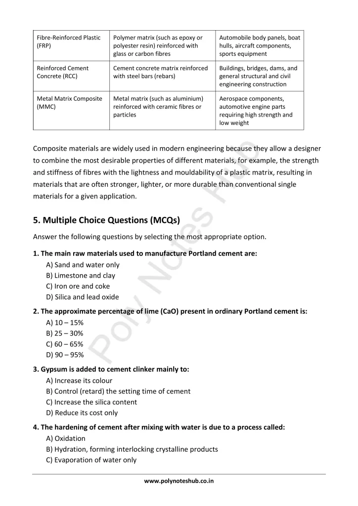 Download Portland Cement Glass Refractory Notes PDF for Polytechnic and Engineering 1st Year 1st Semester from Applied Chemistry - Poly Notes Hub