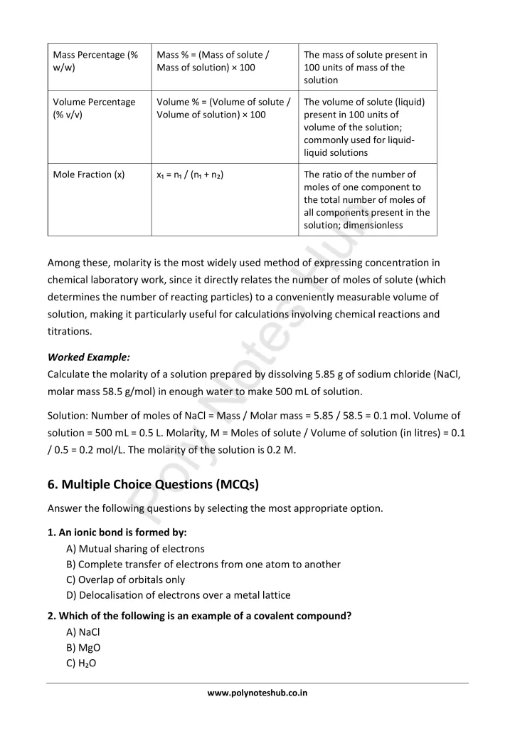 Download Chemical Bonding and Solutions Notes PDF for Polytechnic and Engineering 1st Year 1st Semester from Applied Chemistry - Poly Notes Hub