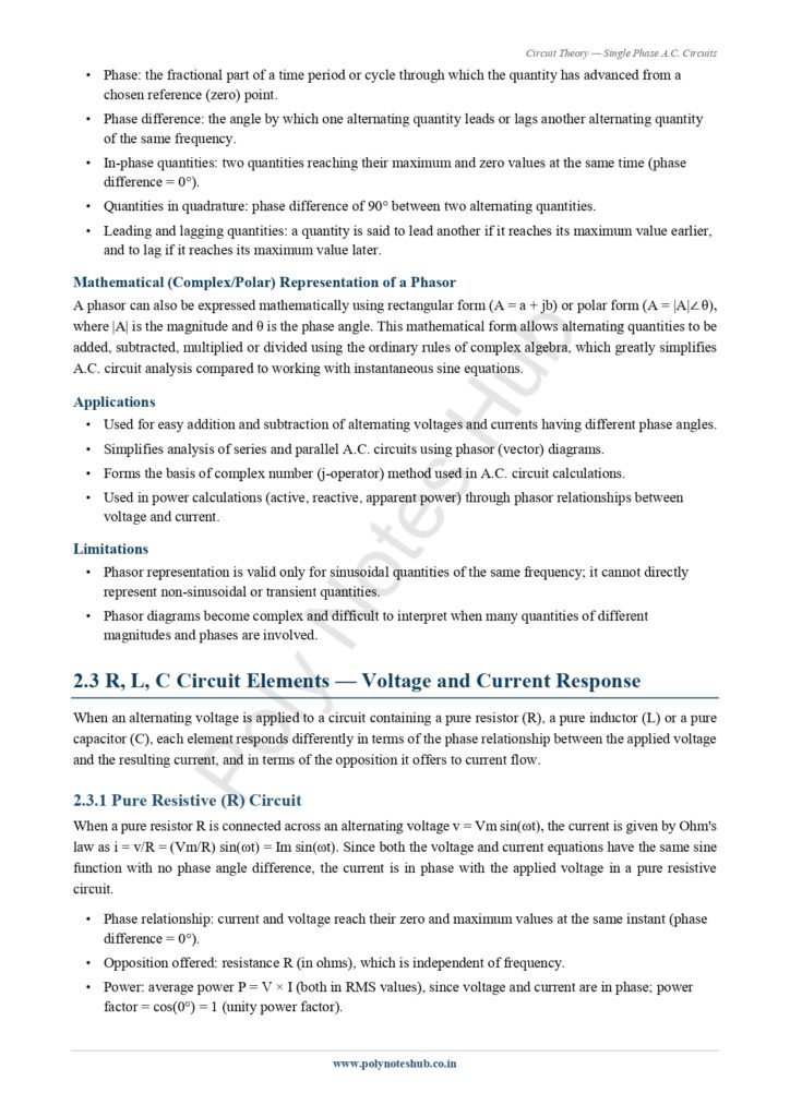 Single Phase A.C. Circuits Notes PDF | Free Download Poly Notes Hub Download Single Phase A.C. Circuits Notes PDF (Free) from Circuit Theory or Network Theorem Subject - Poly Notes hub