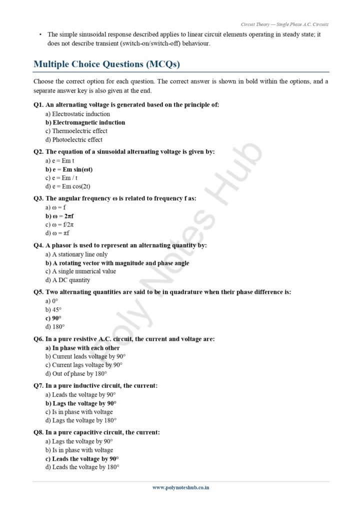 Single Phase A.C. Circuits Notes PDF | Free Download Poly Notes Hub Download Single Phase A.C. Circuits Notes PDF (Free) from Circuit Theory or Network Theorem Subject - Poly Notes hub