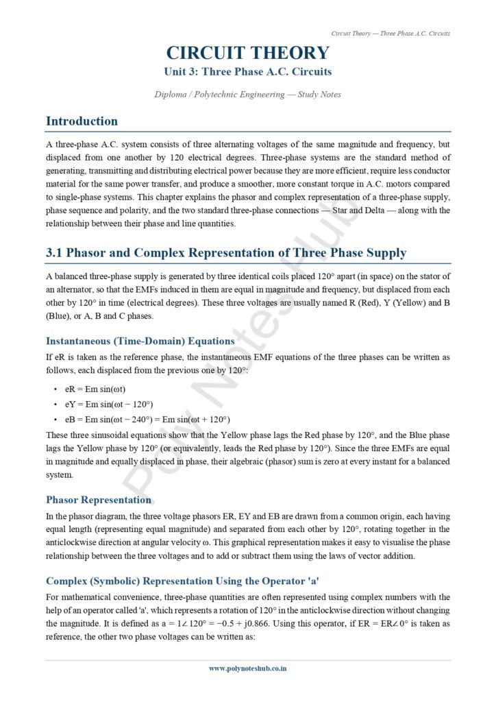 Download Three Phase A.C. Circuits Notes PDF (Free) from Circuit Theory or Network Theorem Subject - Poly Notes Hub