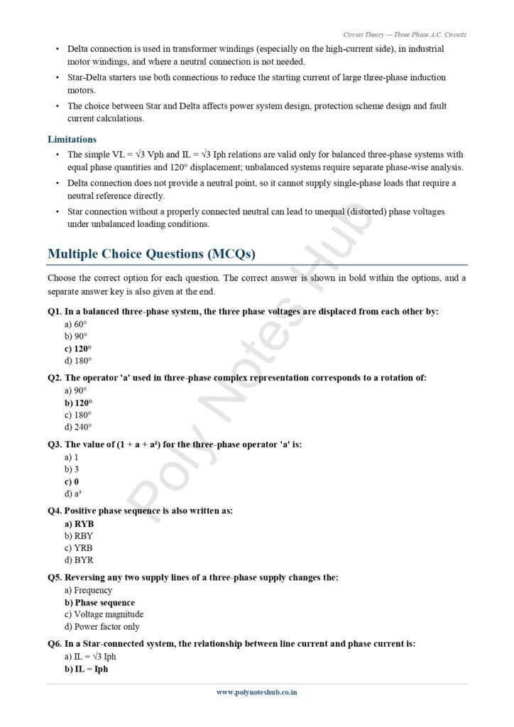 Download Three Phase A.C. Circuits Notes PDF (Free) from Circuit Theory or Network Theorem Subject - Poly Notes Hub