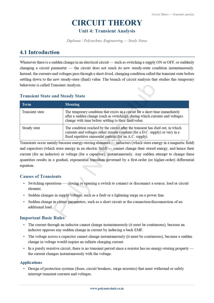 Download Transient Analysis Notes PDF (Free) from Circuit Theory or Network Theorem Subject - Poly Notes Hub