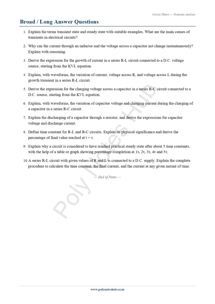 Download Transient Analysis Notes PDF (Free) from Circuit Theory or Network Theorem Subject - Poly Notes Hub