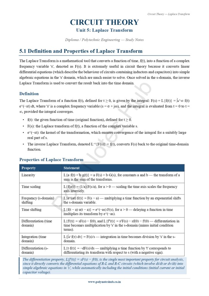 Download Laplace Transform Notes PDF (Free) from Circuit Theory or Network Theorem Subject - Poly Notes hub