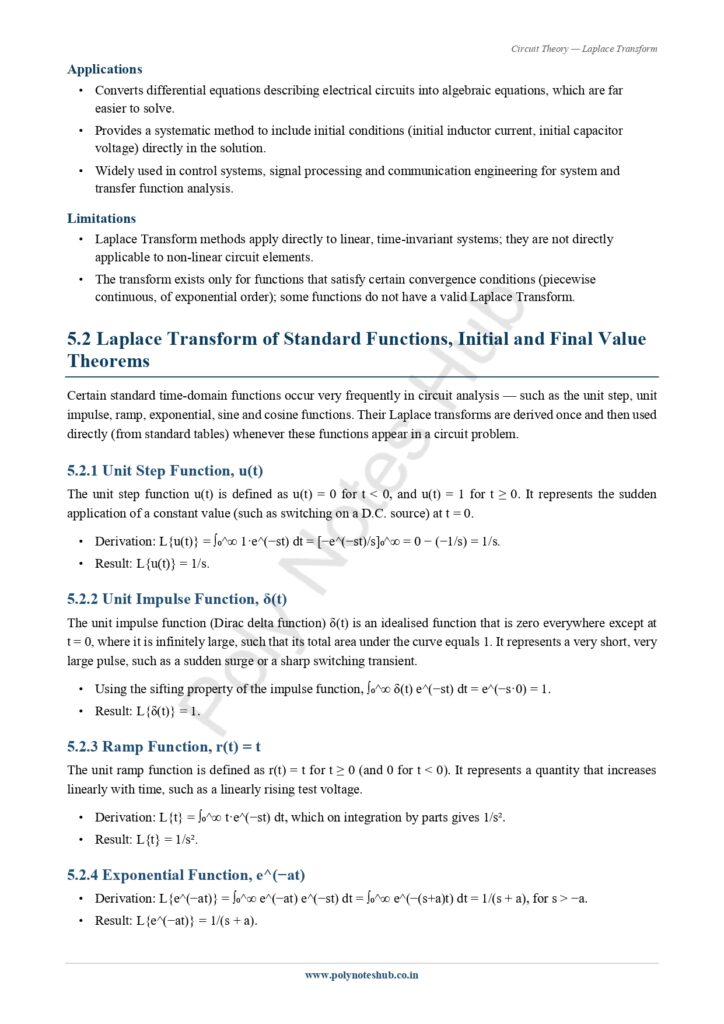 Download Laplace Transform Notes PDF (Free) from Circuit Theory or Network Theorem Subject - Poly Notes hub