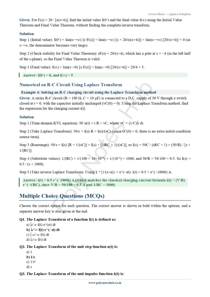 Download Laplace Transform Notes PDF (Free) from Circuit Theory or Network Theorem Subject - Poly Notes hub