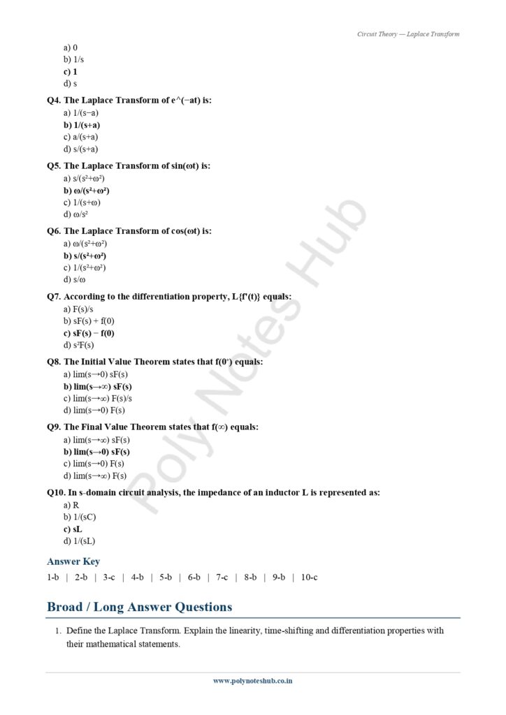 Download Laplace Transform Notes PDF (Free) from Circuit Theory or Network Theorem Subject - Poly Notes hub