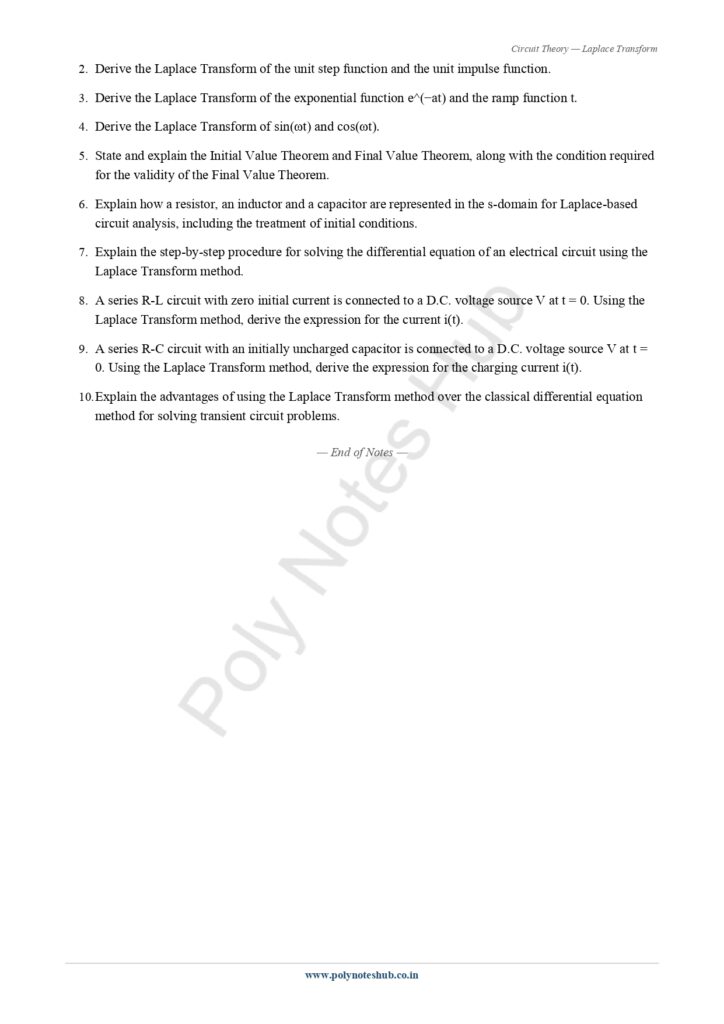 Download Laplace Transform Notes PDF (Free) from Circuit Theory or Network Theorem Subject - Poly Notes hub