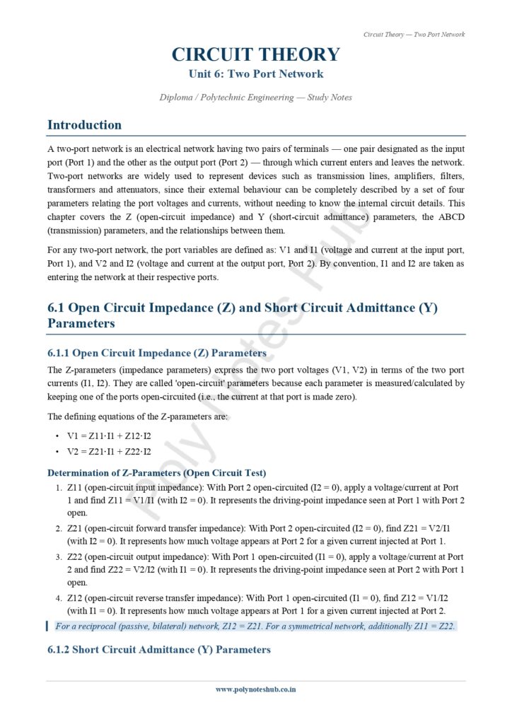Two Port Network Notes PDF | Free Download Poly Notes Hub Download Two Port Network Notes PDF (Free) from Circuit Theory or Network Theorem Subject - Poly notes hub