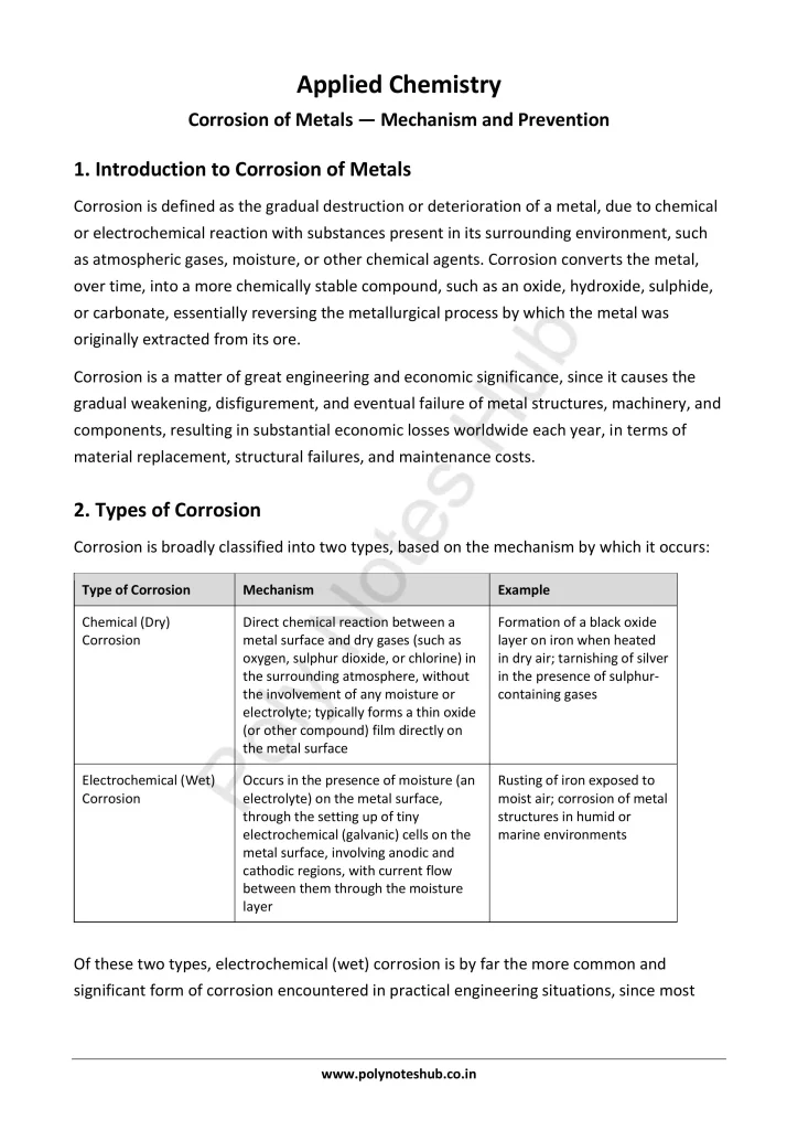 Download Corrosion Notes PDF for Polytechnic and Engineering 1st Year 1st Semester from Applied Chemistry - Poly Notes Hub