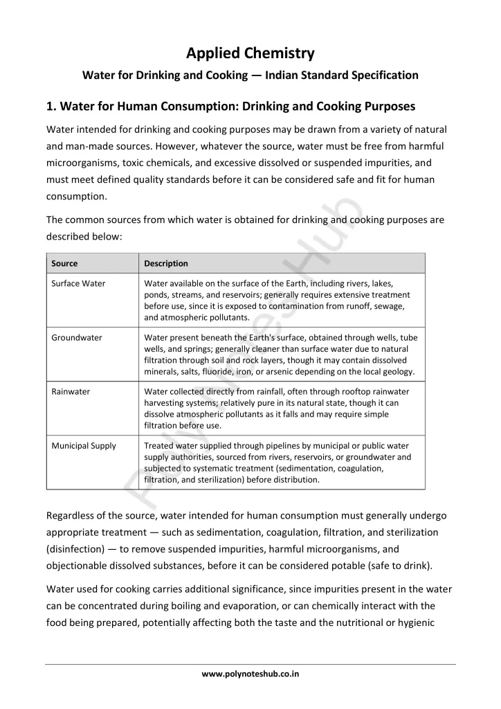 Download Drinking Water and Water Standards Notes PDF for Polytechnic and Engineering 1st Year 1st Semester from Applied Chemistry - Poly Notes Hub