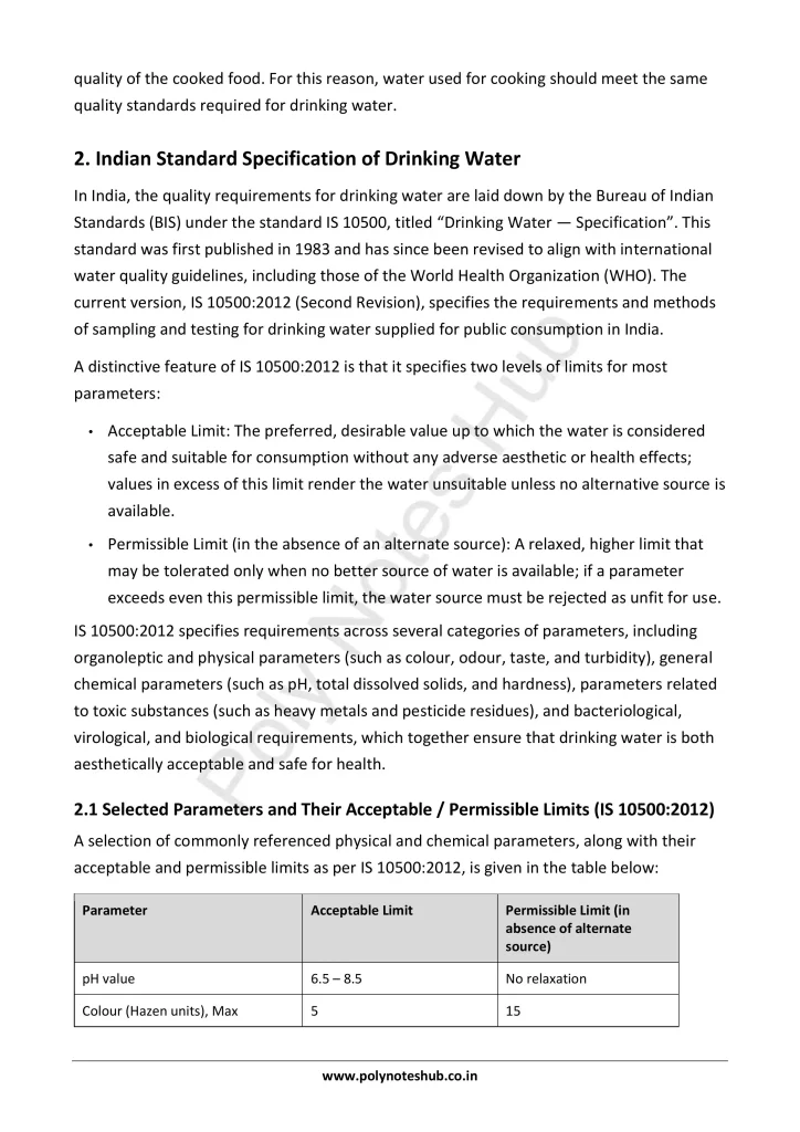 Download Drinking Water and Water Standards Notes PDF for Polytechnic and Engineering 1st Year 1st Semester from Applied Chemistry - Poly Notes Hub
