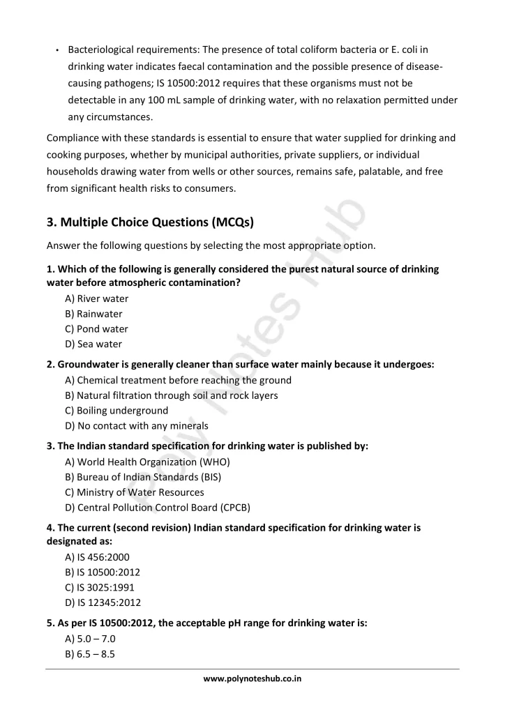 Download Drinking Water and Water Standards Notes PDF for Polytechnic and Engineering 1st Year 1st Semester from Applied Chemistry - Poly Notes Hub