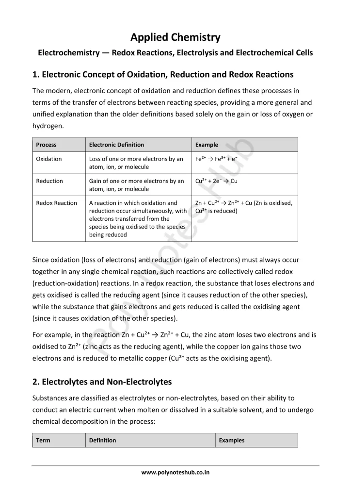 Download Electrochemistry Notes PDF for Polytechnic and Engineering 1st Year 1st Semester from Applied Chemistry - Poly Notes Hub