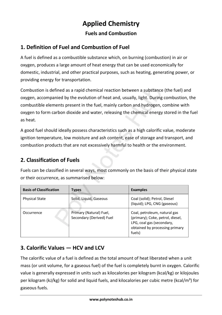 Download Fuels and Combustion Notes PDF for Polytechnic and Engineering 1st Year 1st Semester from Applied Chemistry - Poly Notes Hub
