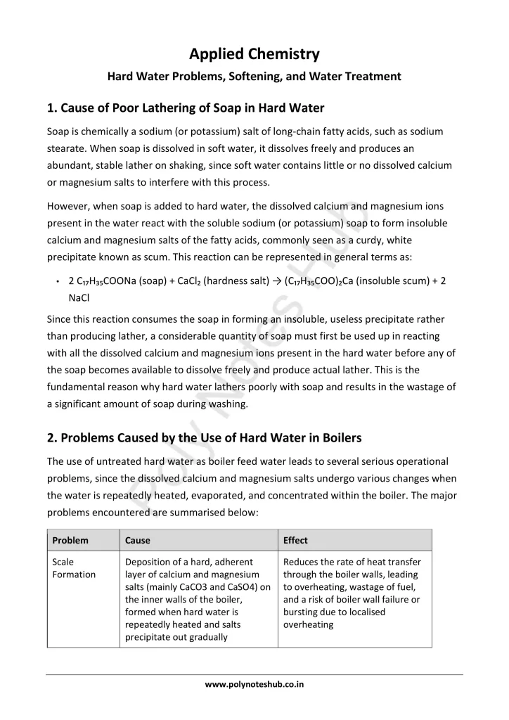 Download Hard Water and Water Treatment Notes PDF for Polytechnic and Engineering 1st Year 1st Semester from Applied Chemistry - Poly Notes Hub