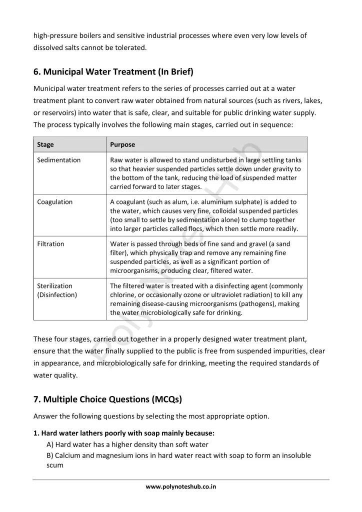 Download Hard Water and Water Treatment Notes PDF for Polytechnic and Engineering 1st Year 1st Semester from Applied Chemistry - Poly Notes Hub