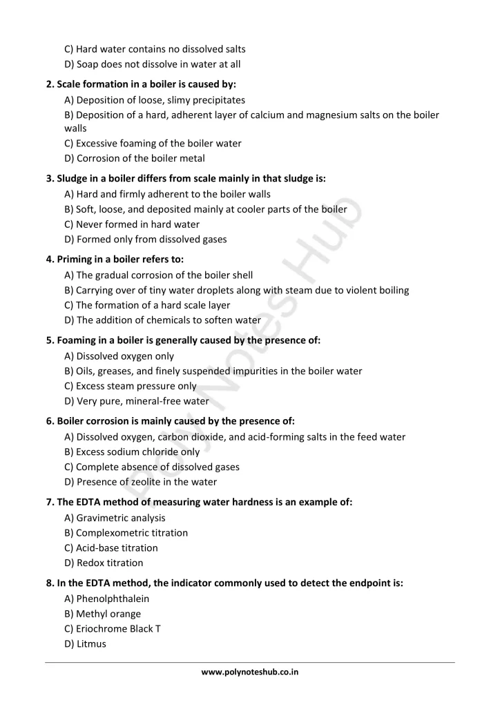 Download Hard Water and Water Treatment Notes PDF for Polytechnic and Engineering 1st Year 1st Semester from Applied Chemistry - Poly Notes Hub