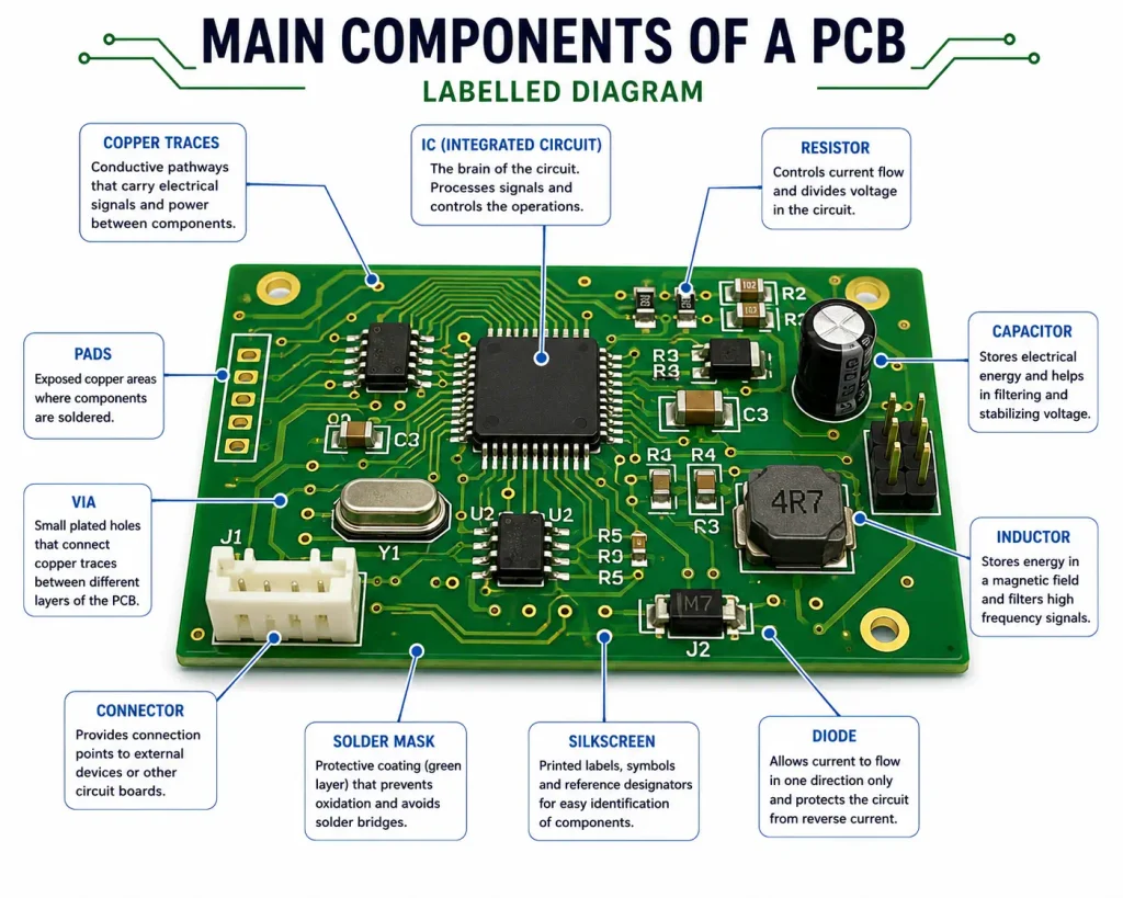 How Does a PCB Work? Components, Layers, and Manufacturing Explained Poly Notes Hub PCB components including traces, pads, vias and electronic components - Poly Notes Hub