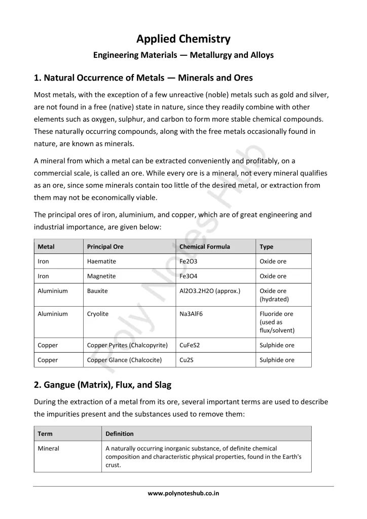 Metallurgy and Alloys Notes PDF | Applied Chemistry Free Study Materials Poly Notes Hub Download Metallurgy and Alloys Notes PDF for Polytechnic and Engineering 1st Year 1st Semester from Applied Chemistry - Poly Notes Hub