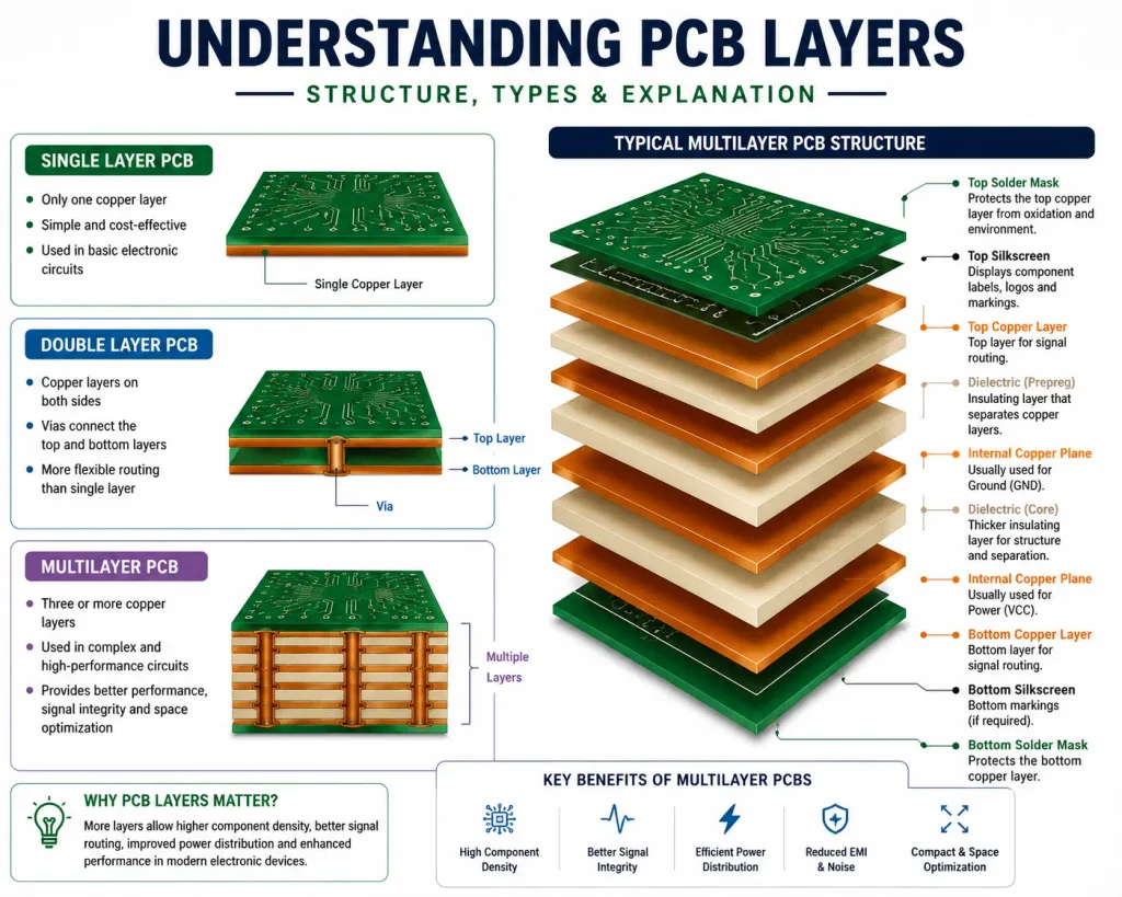 How Does a PCB Work? Components, Layers, and Manufacturing Explained Poly Notes Hub PCB layers diagram showing single layer, double layer and multilayer PCB - Poly Notes Hub
