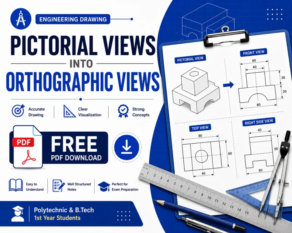 Pictorial Views into orthographic views from Technical Drawing Notes PDF Free Download - Poly Notes Hub