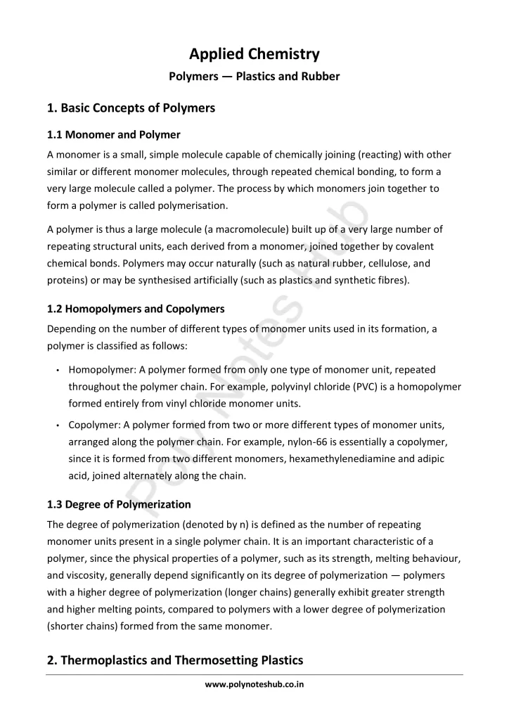 Polymers Notes PDF | Applied Chemistry Free Study Materials Poly Notes Hub Download Polymers Notes PDF for Polytechnic and Engineering 1st Year 1st Semester from Applied Chemistry - Poly Notes Hub
