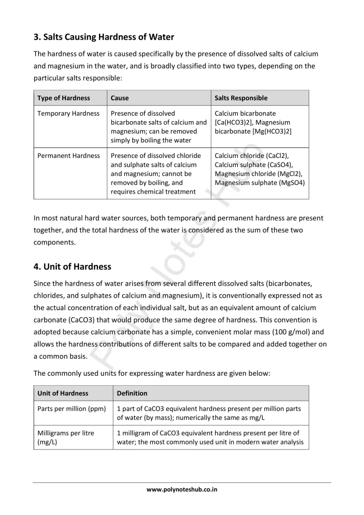Download Water Hardness Notes PDF for Polytechnic and Engineering 1st Year 1st Semester from Applied Chemistry - Poly Notes Hub