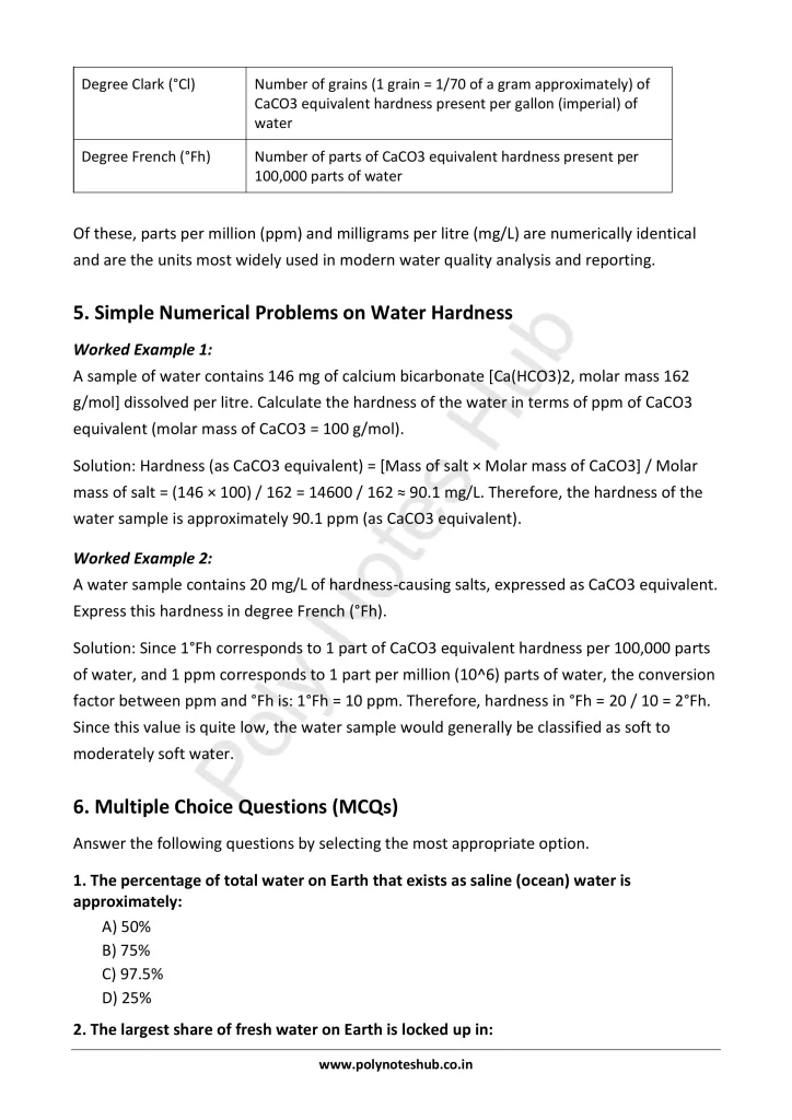 Download Water Hardness Notes PDF for Polytechnic and Engineering 1st Year 1st Semester from Applied Chemistry - Poly Notes Hub