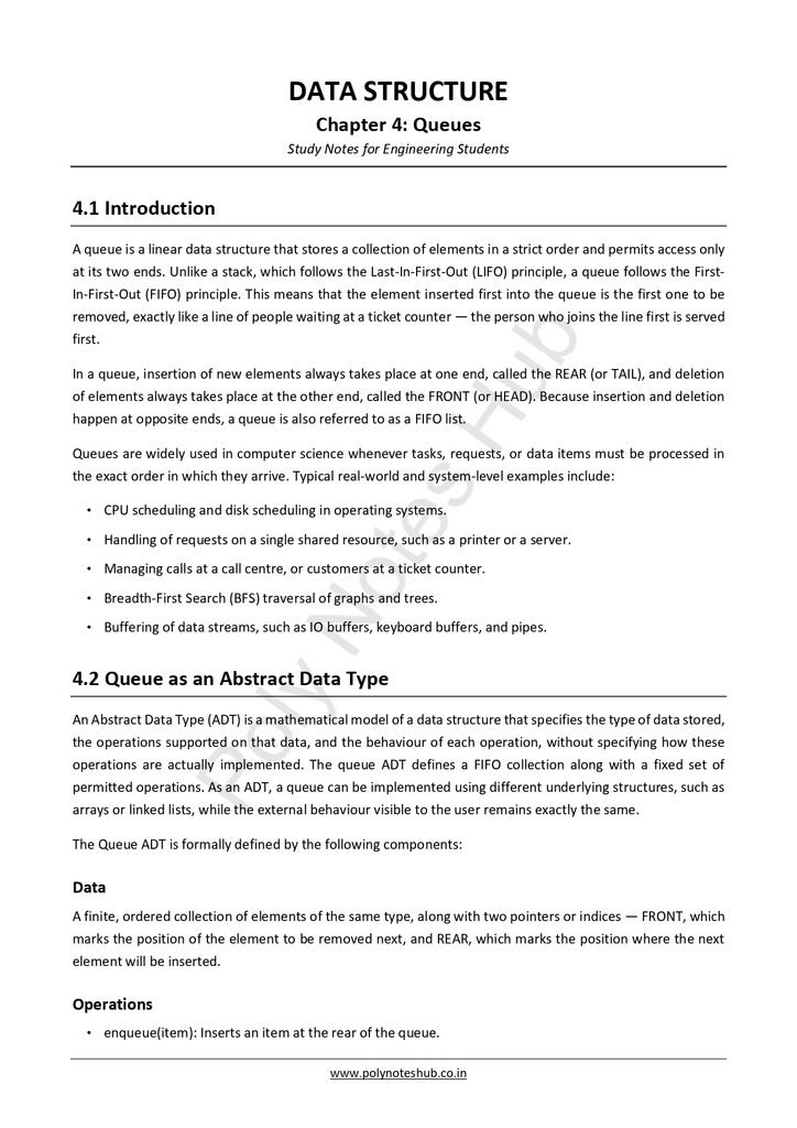 Download the Queues Free Notes PDF of Data Structure Subject for computer science and technology students - poly notes hub
