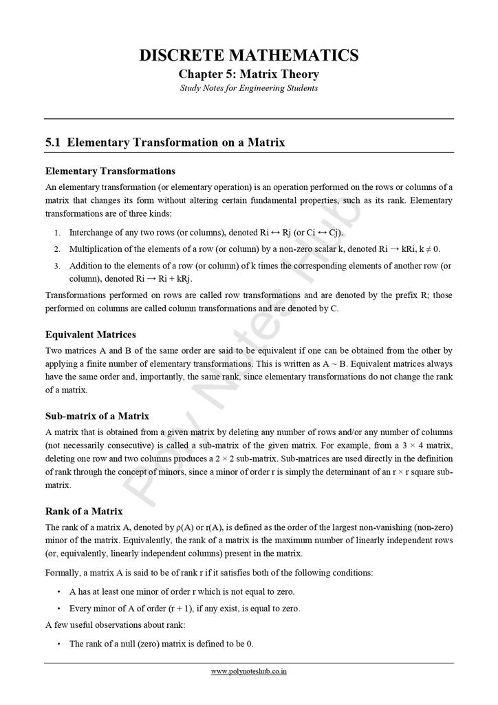 Download Matrix Theory Notes PDF (Free Notes) from Discrete Mathematics of Computer Science and Technology 3rd Semester Notes - Poly Notes Hub