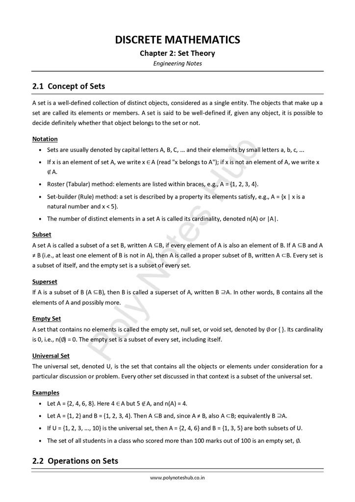 Set Theory Notes PDF - Free Download Poly Notes Hub Download Set Theory Notes PDF (Free Notes) from Discrete Mathematics of Computer Science and Technology 3rd Semester Notes - Poly Notes Hub