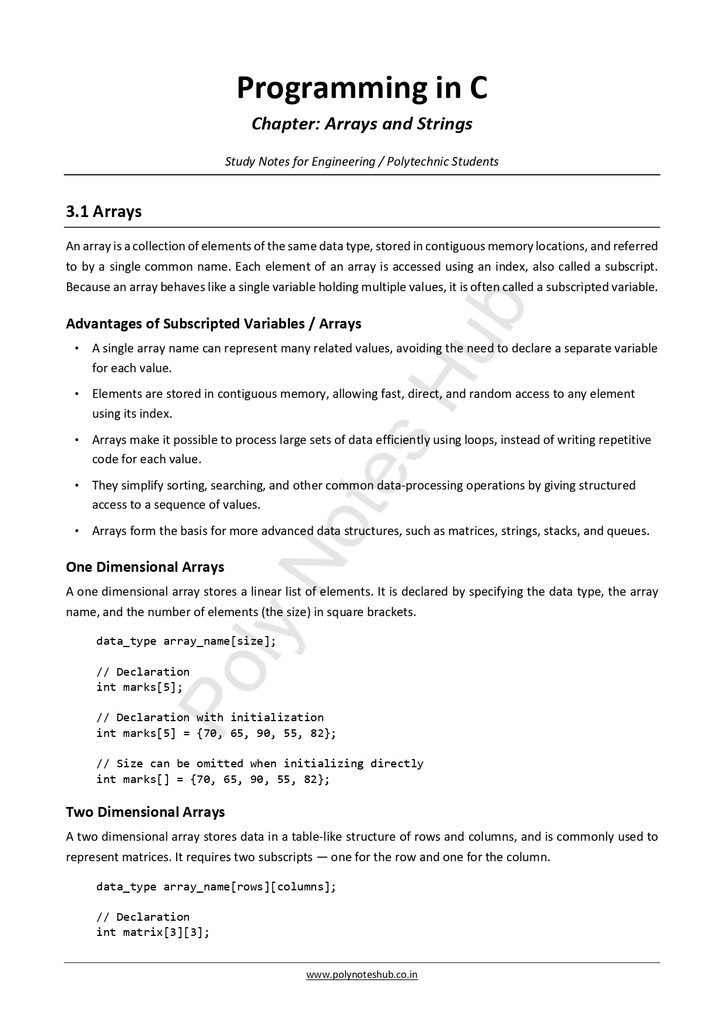 Array and Strings in C Programming Notes PDF - Free Download Poly Notes Hub Download Array and Strings in C Programming Notes PDF (Free) for computer science students - poly notes hub