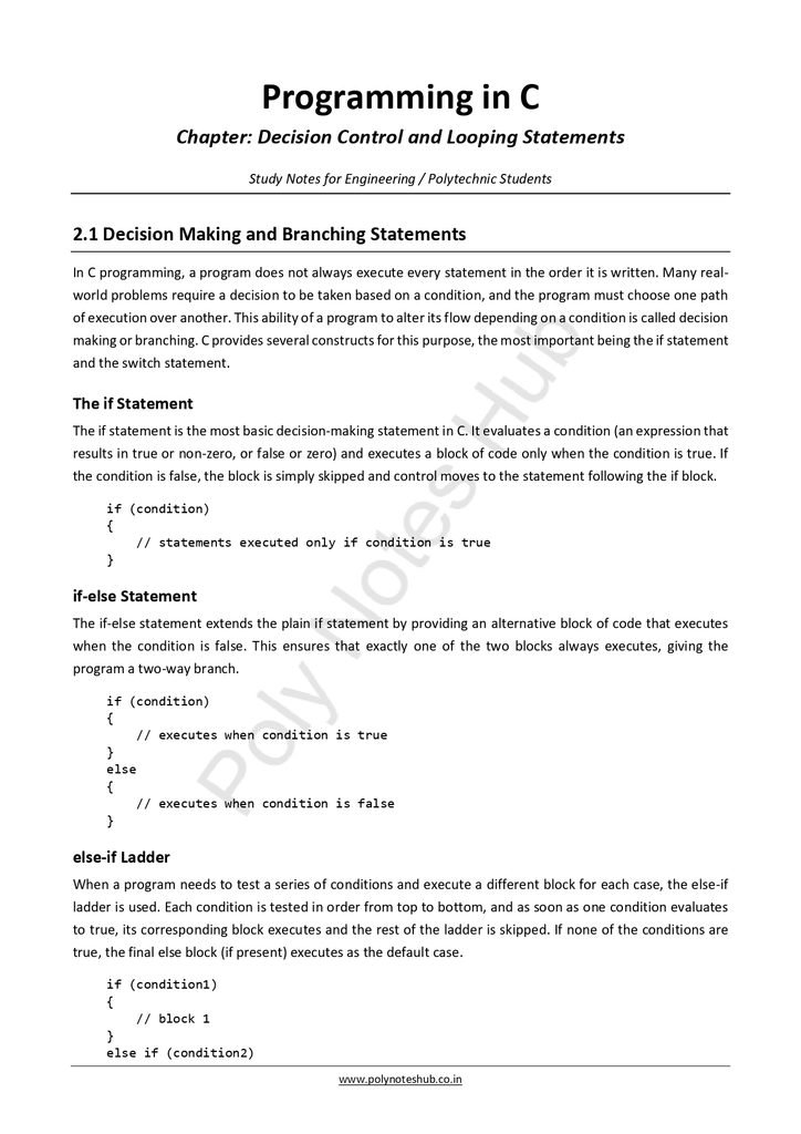 Decision Control and Looping Statements Notes PDF - Free Download Poly Notes Hub Download Decision Control and Looping Statements Notes PDF (Free) for Computer Science Students - Poly Notes Hub