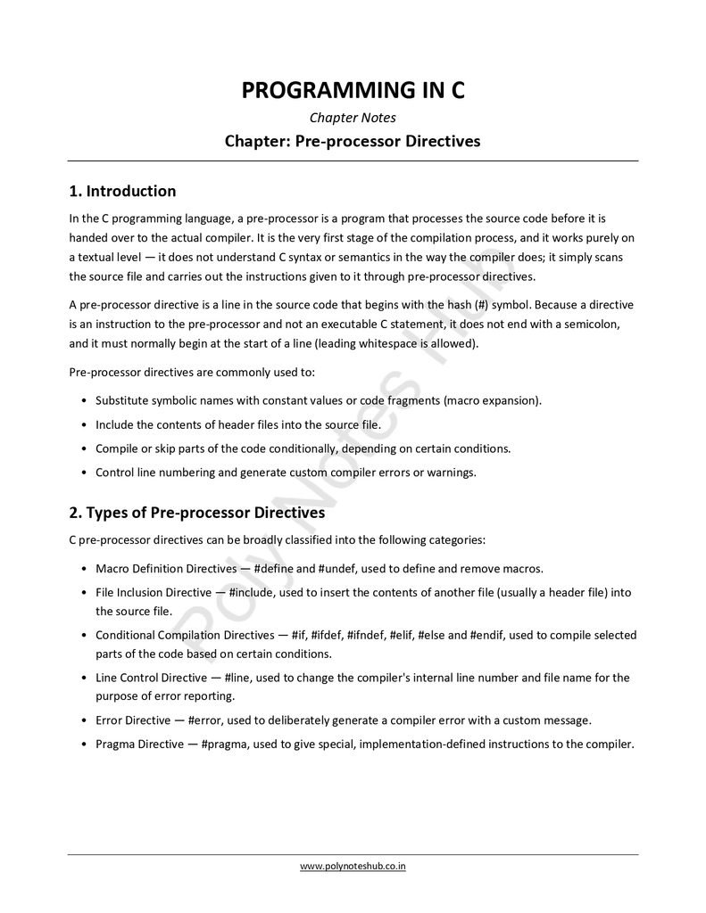 Pre-processor Directives in C Programming Notes PDF - Free Download Poly Notes Hub Download Pre-processor Directives in C Programming Notes PDF (Free) for computer science students - poly notes hub