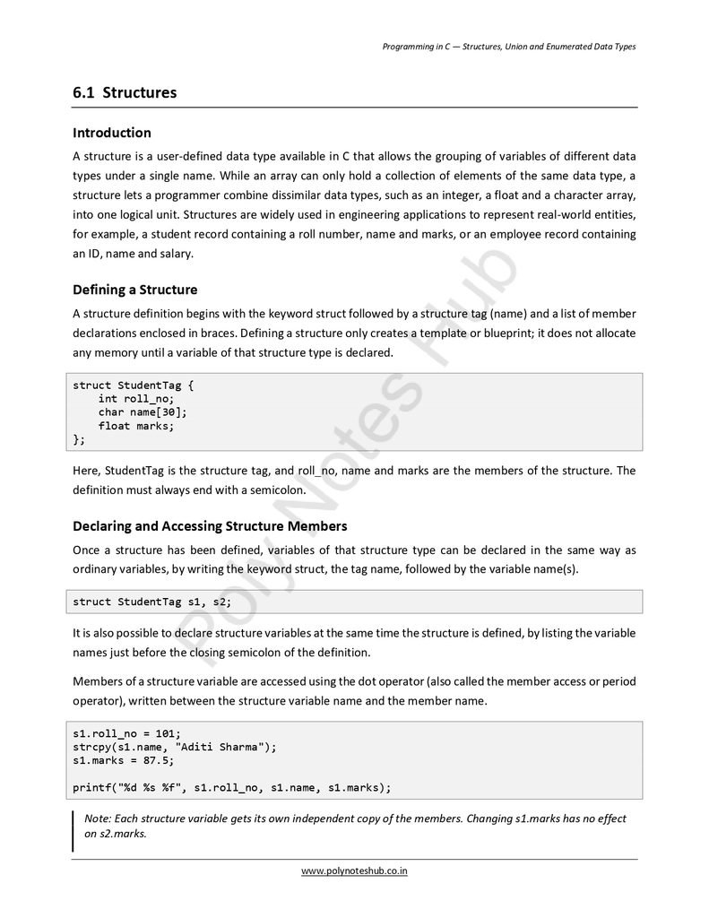 Structures Union and Enumerated Data Types Notes PDF - Free Download Poly Notes Hub Download Structures, Union, and Enumerated Data Types Notes PDF of C Programming (Free) for computer science students - poly notes hub
