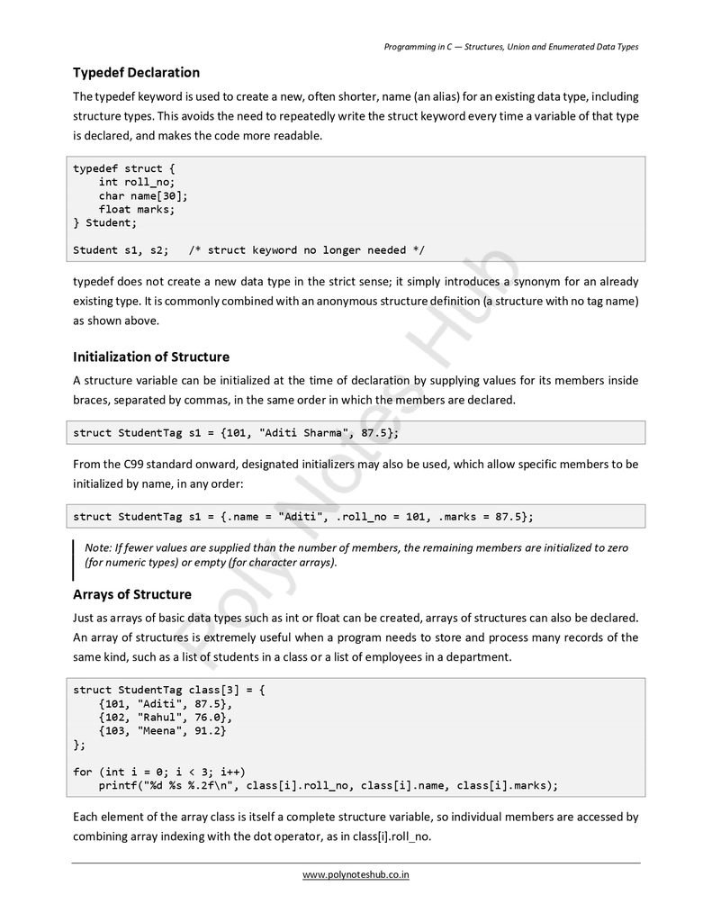 Structures Union and Enumerated Data Types Notes PDF - Free Download Poly Notes Hub Download Structures, Union, and Enumerated Data Types Notes PDF of C Programming (Free) for computer science students - poly notes hub