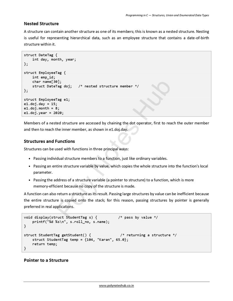 Structures Union and Enumerated Data Types Notes PDF - Free Download Poly Notes Hub Download Structures, Union, and Enumerated Data Types Notes PDF of C Programming (Free) for computer science students - poly notes hub