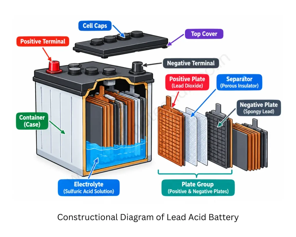 Lead Acid Battery – Construction, Working, Uses and Important Parameters Explained Poly Notes Hub constructional diagram of lead acid battery - poly notes hub