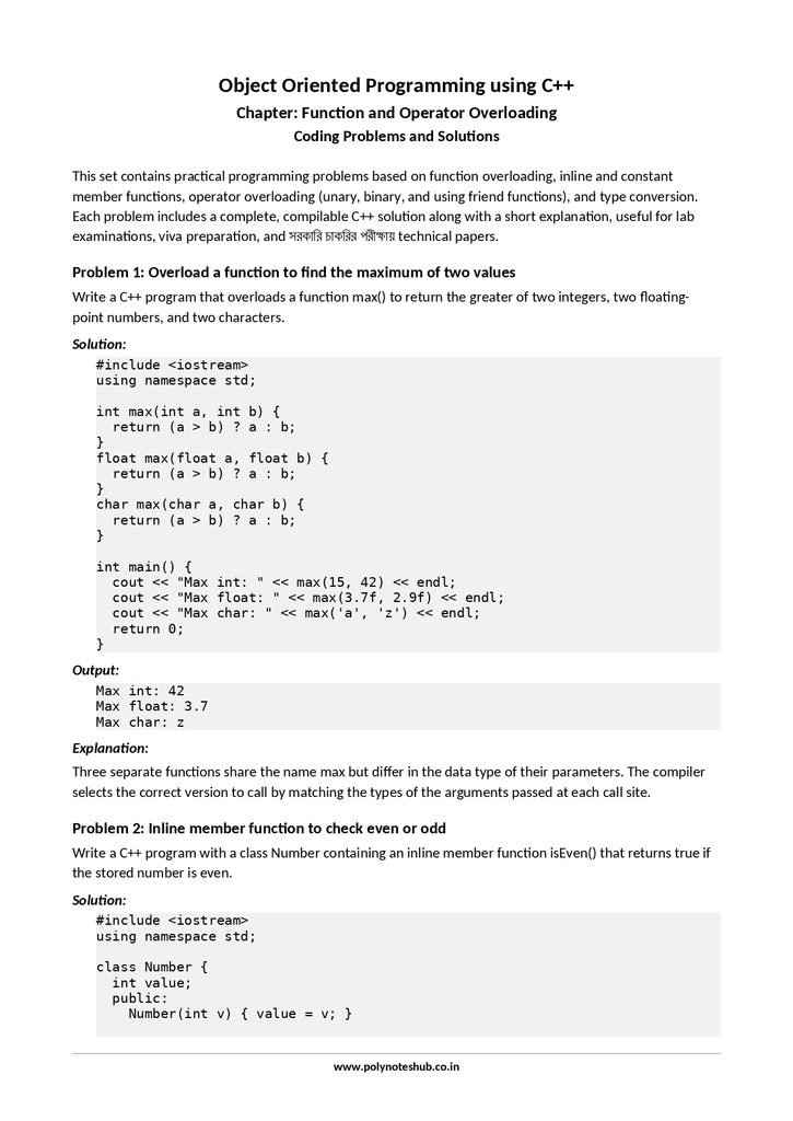 Download Function and Operator Overloading in C++ Free Notes PDF from computer science and technology syllabus - poly notes hub