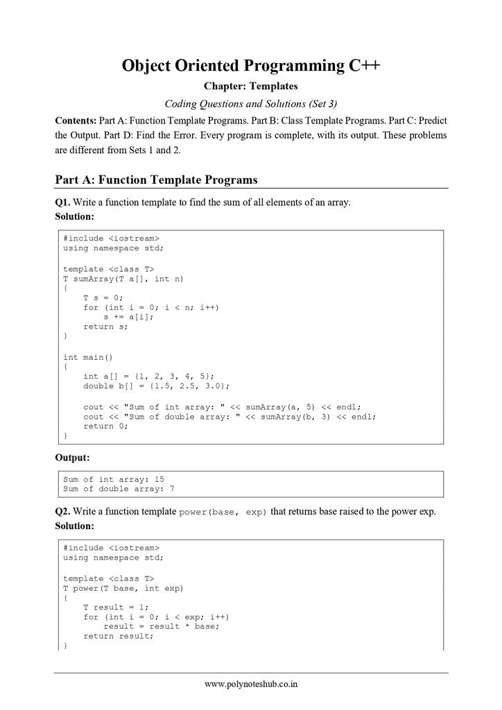 Templates in C++ Free Notes PDF - Download Now Poly Notes Hub Download Templates in C++ Free Notes PDF for computer science students - poly notes hub