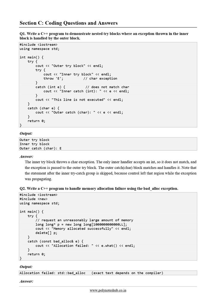 Download Exception Handling in C++ Free Notes PDF for computer science students - poly notes hub